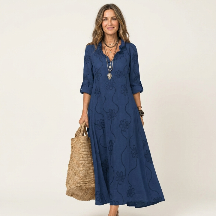 Mariam | Robe Maxi en Coton-Lin à Broderie Florale Ton sur Ton
