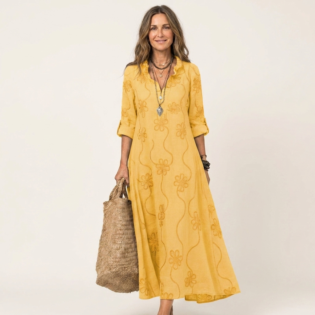 Mariam | Robe Maxi en Coton-Lin à Broderie Florale Ton sur Ton