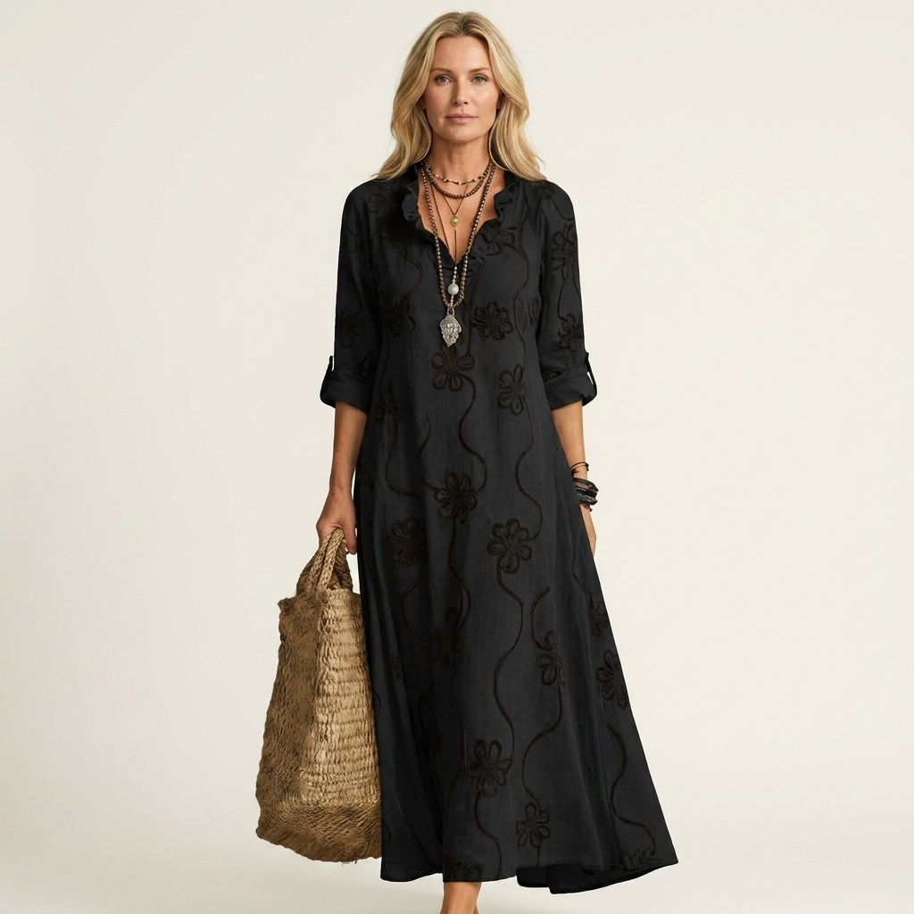 Mariam | Robe Maxi en Coton-Lin à Broderie Florale Ton sur Ton