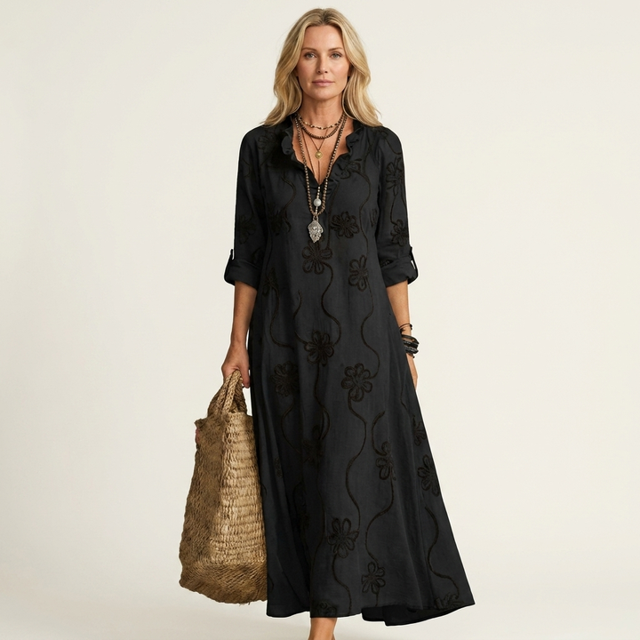 Mariam | Robe Maxi en Coton-Lin à Broderie Florale Ton sur Ton