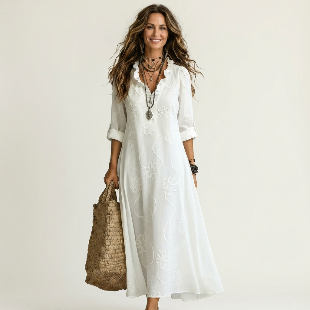Mariam | Robe Maxi en Coton-Lin à Broderie Florale Ton sur Ton