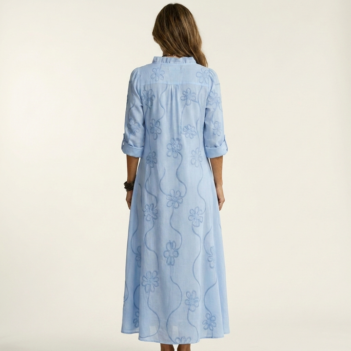 Mariam | Robe Maxi en Coton-Lin à Broderie Florale Ton sur Ton