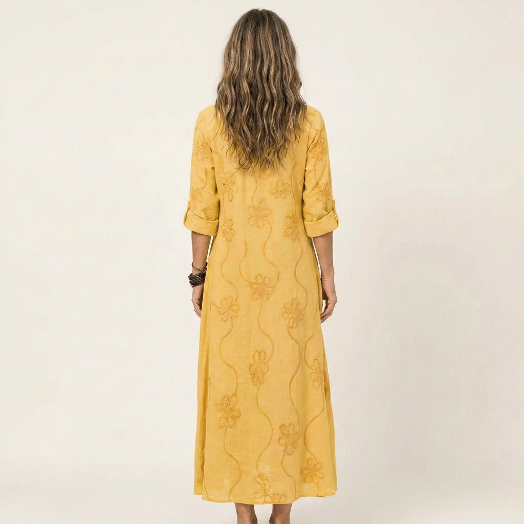 Mariam | Robe Maxi en Coton-Lin à Broderie Florale Ton sur Ton
