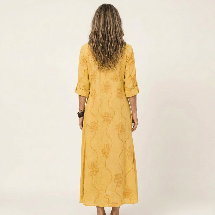 Mariam | Robe Maxi en Coton-Lin à Broderie Florale Ton sur Ton
