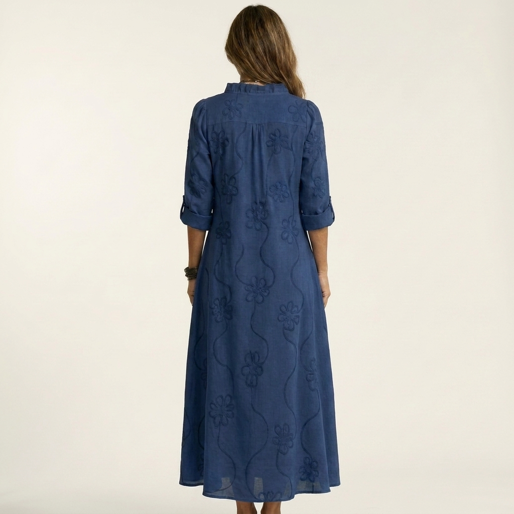 Mariam | Robe Maxi en Coton-Lin à Broderie Florale Ton sur Ton