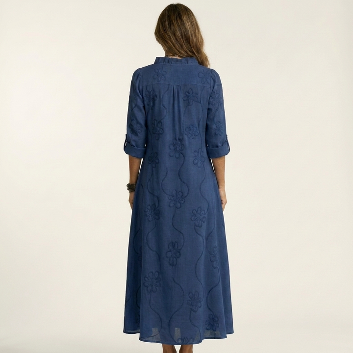 Mariam | Robe Maxi en Coton-Lin à Broderie Florale Ton sur Ton