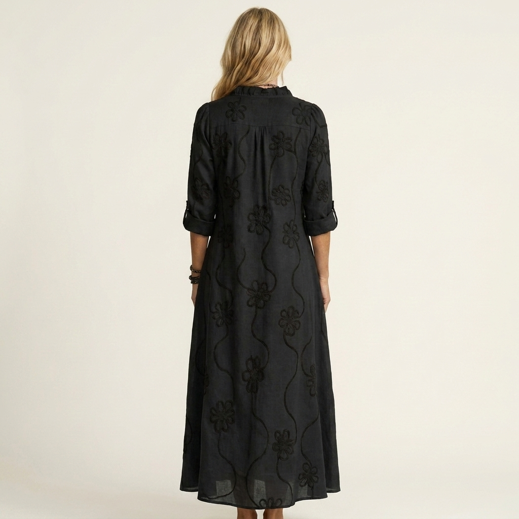 Mariam | Robe Maxi en Coton-Lin à Broderie Florale Ton sur Ton