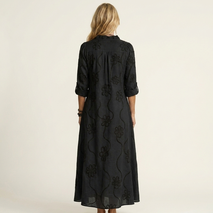 Mariam | Robe Maxi en Coton-Lin à Broderie Florale Ton sur Ton