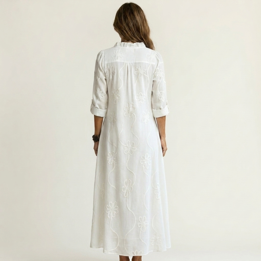 Mariam | Robe Maxi en Coton-Lin à Broderie Florale Ton sur Ton