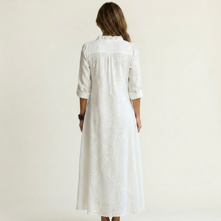 Mariam | Robe Maxi en Coton-Lin à Broderie Florale Ton sur Ton