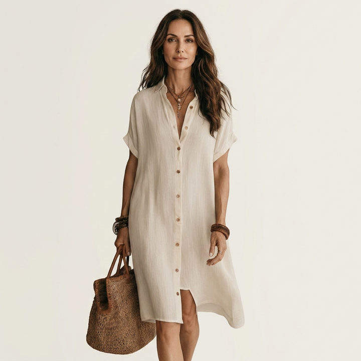 Nidalie | Robe Chemise Midi en Coton-Lin à Manches Retroussées