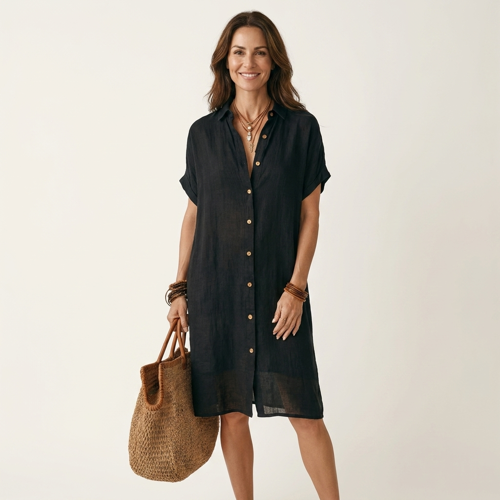 Nidalie | Robe Chemise Midi en Coton-Lin à Manches Retroussées