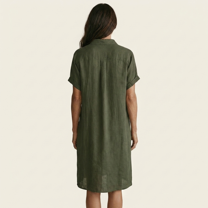 Nidalie | Robe Chemise Midi en Coton-Lin à Manches Retroussées