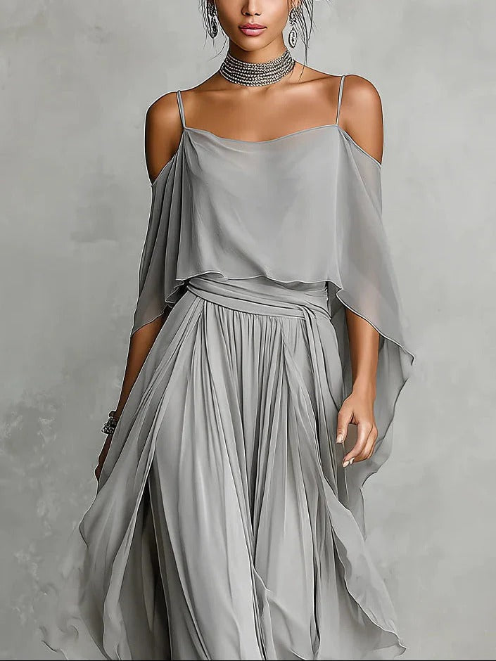 Isabela | Ensemble Fluide Gris avec Haut à Bretelles Fines et Pantalon Léger
