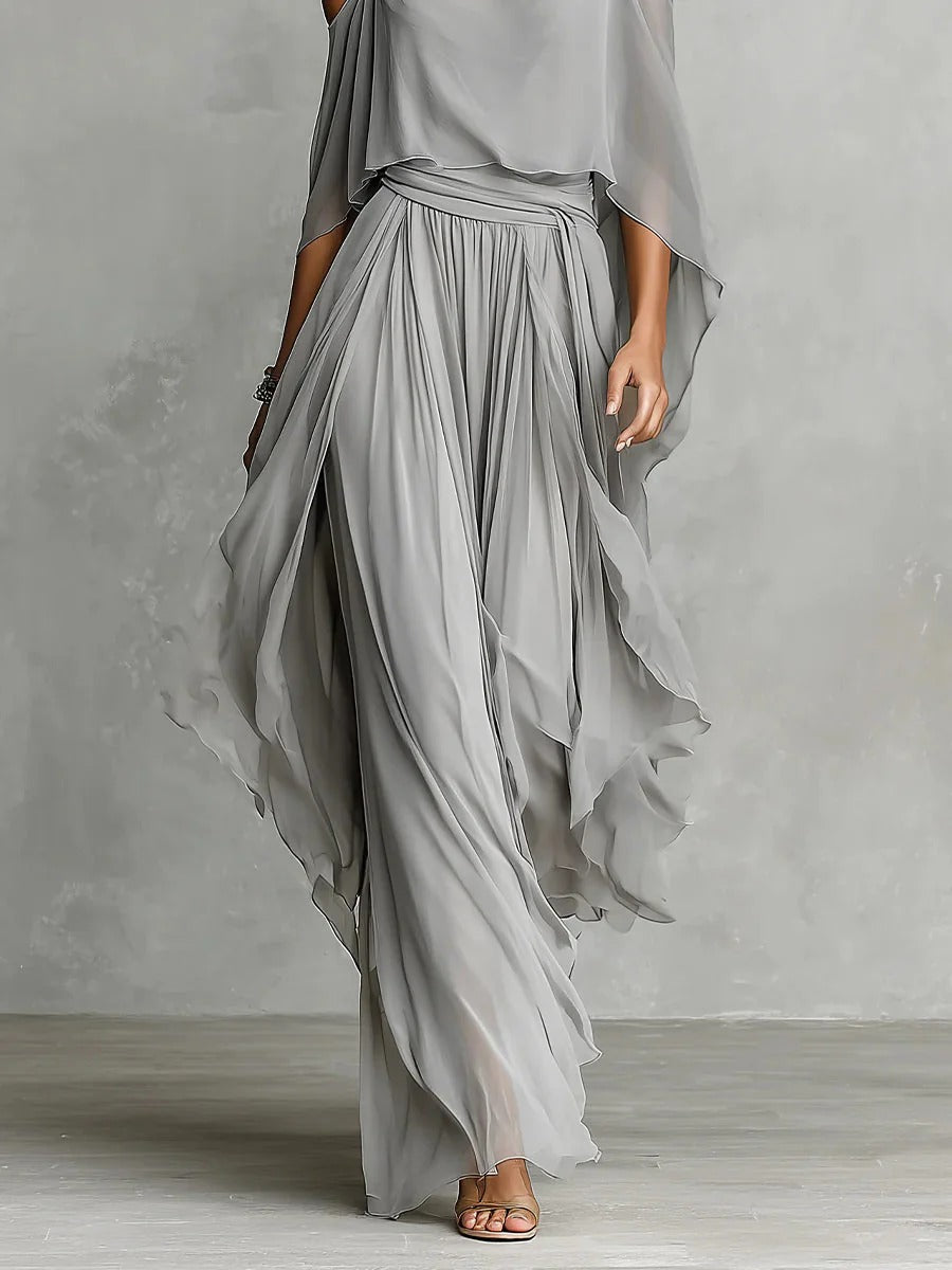Isabela | Ensemble Fluide Gris avec Haut à Bretelles Fines et Pantalon Léger