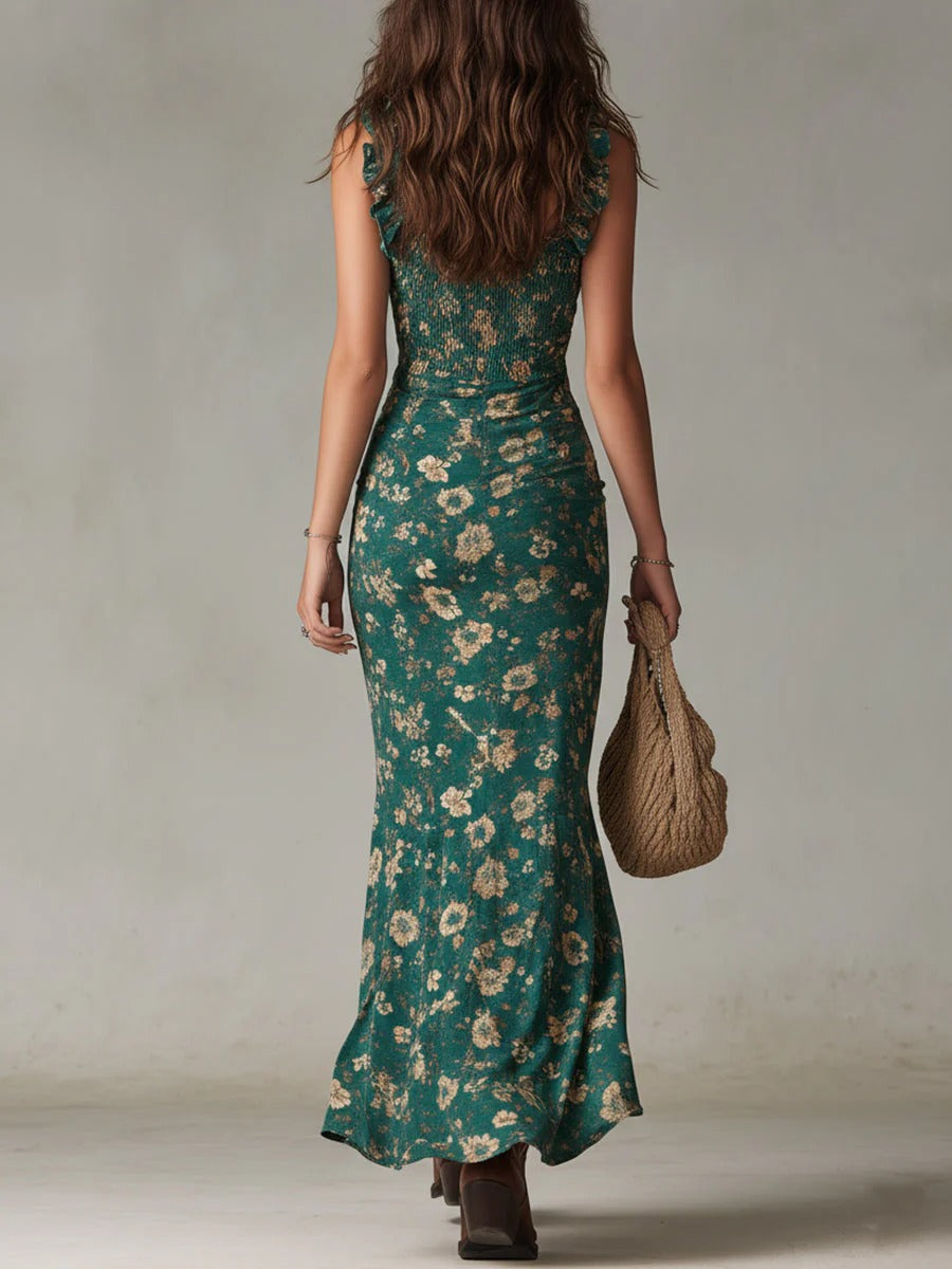 Zara | Robe Maxi Bohème Fleurie Froncée à Fente Latérale