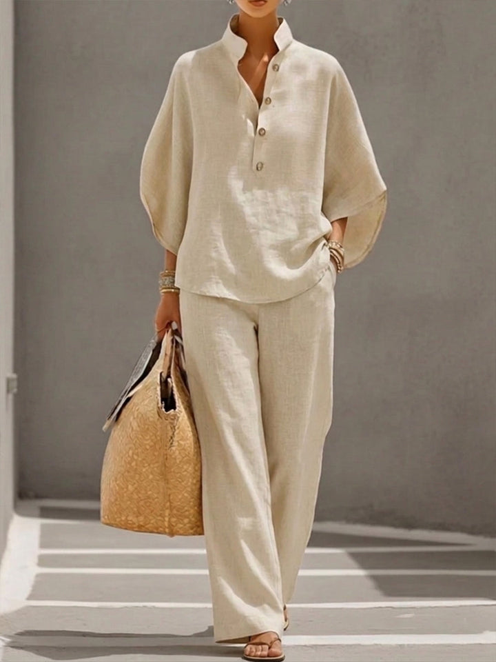 Eszter™ – Ensemble en Coton-Lin avec Manches Chauve-Souris et Pantalon Large • S1