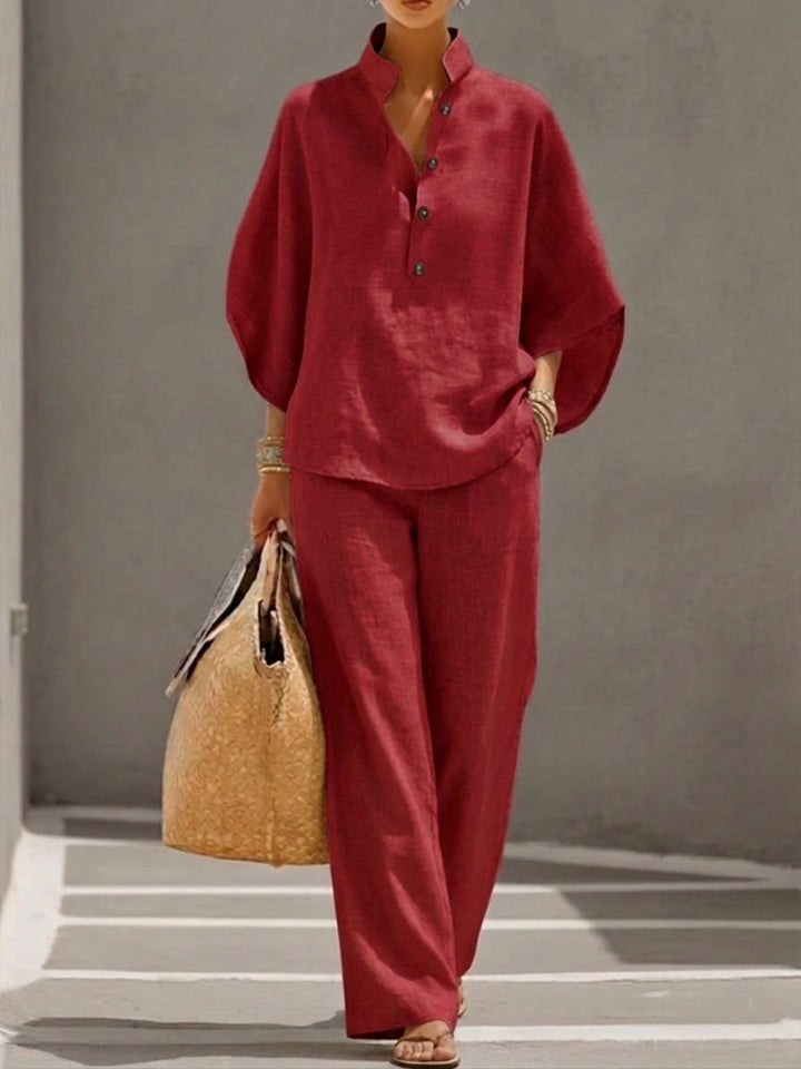 Eszter™ – Ensemble en Coton-Lin avec Manches Chauve-Souris et Pantalon Large • S1