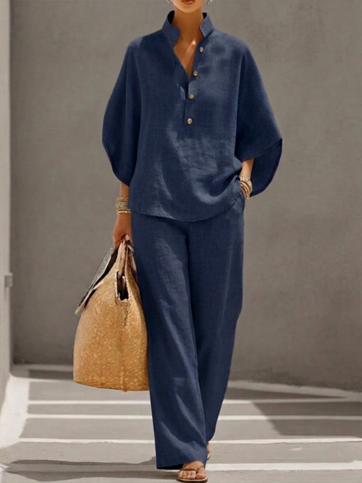 Eszter™ – Ensemble en Coton-Lin avec Manches Chauve-Souris et Pantalon Large • S1