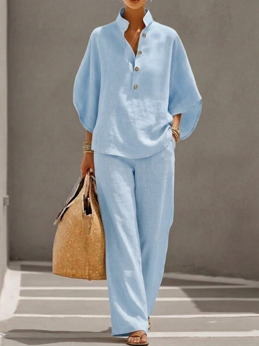 Eszter™ – Ensemble en Coton-Lin avec Manches Chauve-Souris et Pantalon Large • S1