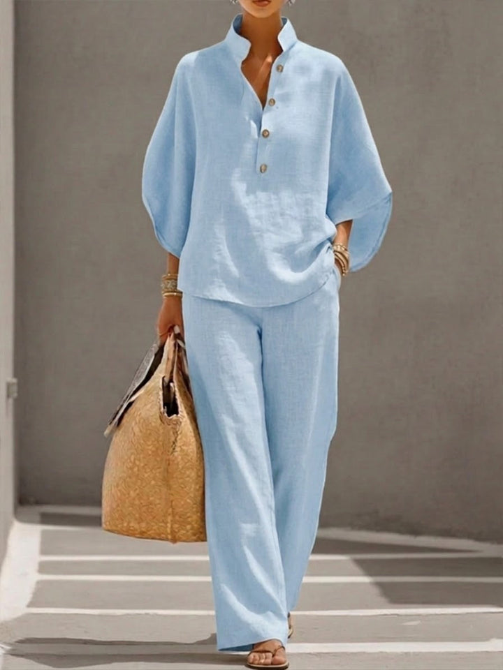 Eszter™ – Ensemble en Coton-Lin avec Manches Chauve-Souris et Pantalon Large • S1