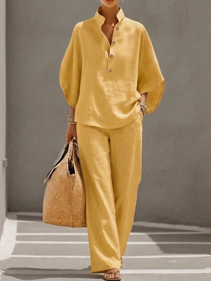 Eszter™ – Ensemble en Coton-Lin avec Manches Chauve-Souris et Pantalon Large • S1